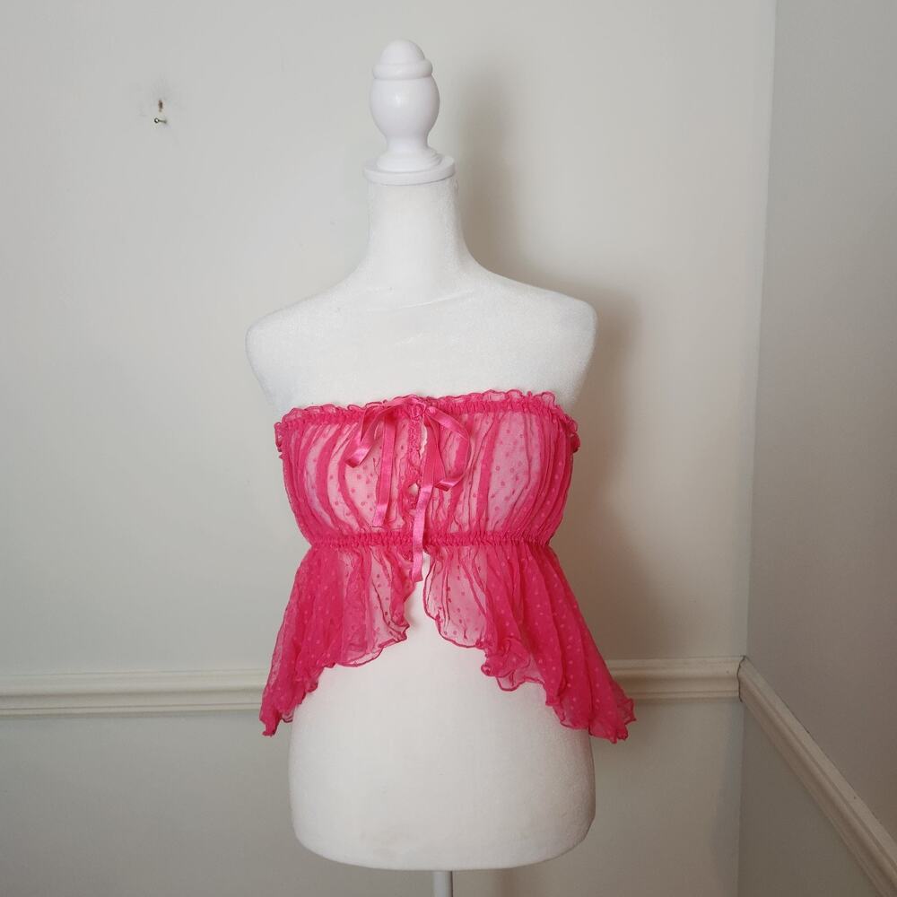 Escante Lingerie Tube Top Sz Large Womens Pink Sheer Mesh Fairy Crop Ribbon Bow